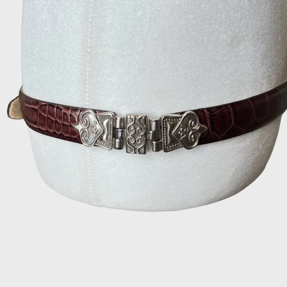 Lake Shore Drive Leather Belt Size M Silvertone Ornate Buckle Hinge Inserts Boho